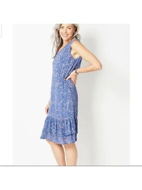 J. Jill Periwinkle Blue Floral Sleeveless Ruffle-Hem Midi Dress Size Petite L